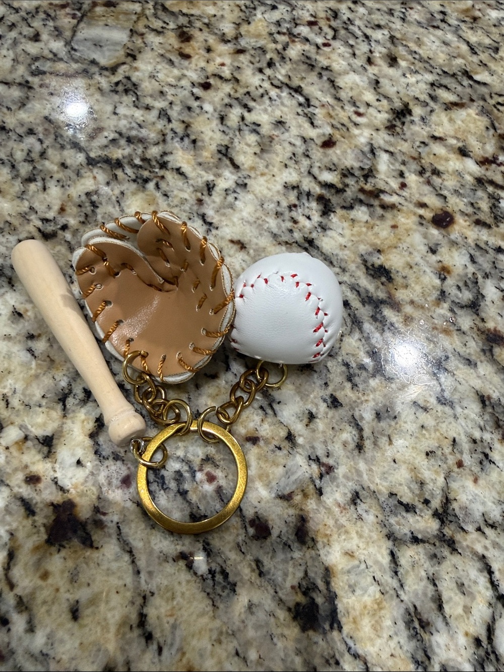 Baseball Glove & Ball Keychain with Mini Bat - White & Tan